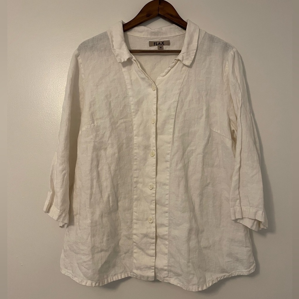 Flax Cream Linen Button Up Collard Blouse Neutral Top Size Medium